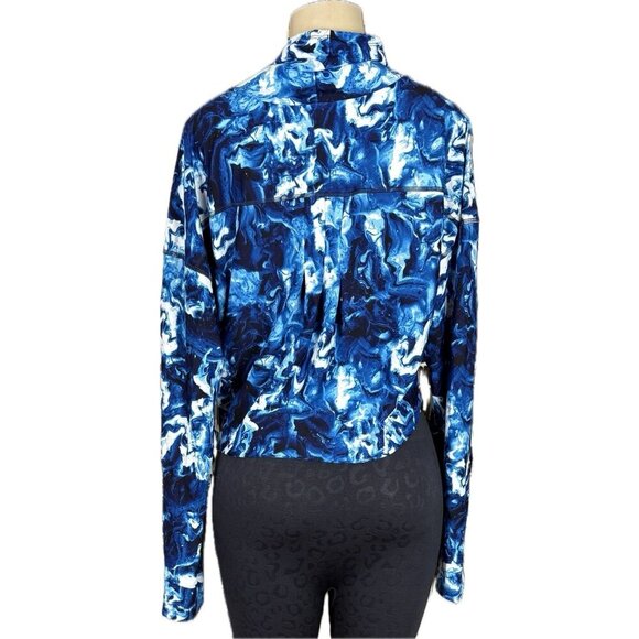 Speedo L Blue Print Drawstring Mock Neck Endurance Lte Long Sleeve Crop Swim Top - Picture 4 of 6